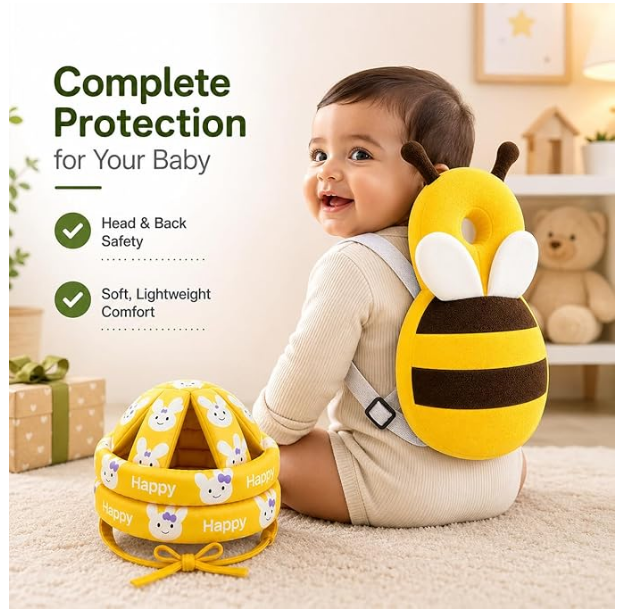 Baby Safety Combo โ Bee Head Protection Helmet & Bee Back Protector Pillow for Crawling & Walking Babies | Adjustable, Lightweight & Soft