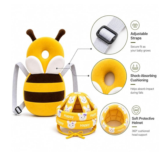 Baby Safety Combo – Bee Head Protection Helmet & Bee Back Protector Pillow for Crawling & Walking Babies | Adjustable, Lightweight & Soft