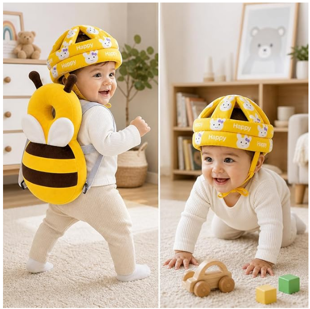 Baby Safety Combo – Bee Head Protection Helmet & Bee Back Protector Pillow for Crawling & Walking Babies | Adjustable, Lightweight & Soft